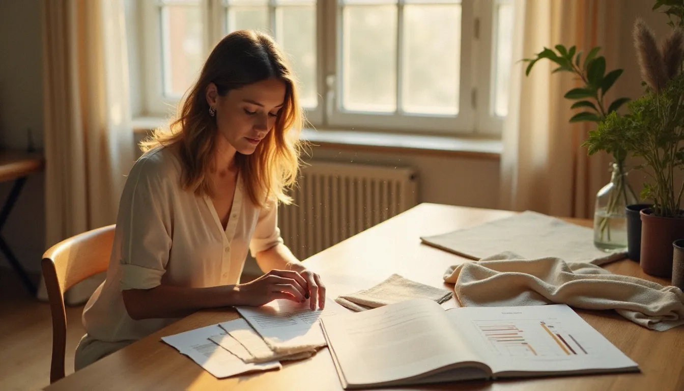 Consultante en mode durable examinant des échantillons de tissus naturels et un rapport d'analyse de cycle de vie posé sur un bureau en bois, dans un atelier lumineux à Bordeaux.