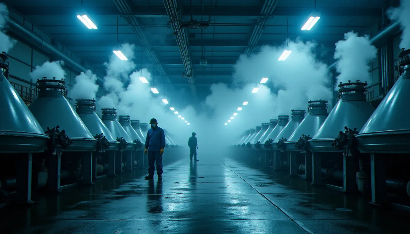 Usine industrielle de production de viscose avec cuves de dissolution chimique d'où s'échappe de la vapeur, illustrant l'environnement de travail exposé au disulfure de carbone