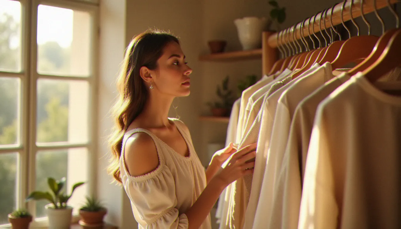Une femme consultant des étiquettes de vêtements durables dans une boutique de mode éthique bordelaise, illustrant le vocabulaire fashion anglicisme également présent dans la mode responsable française