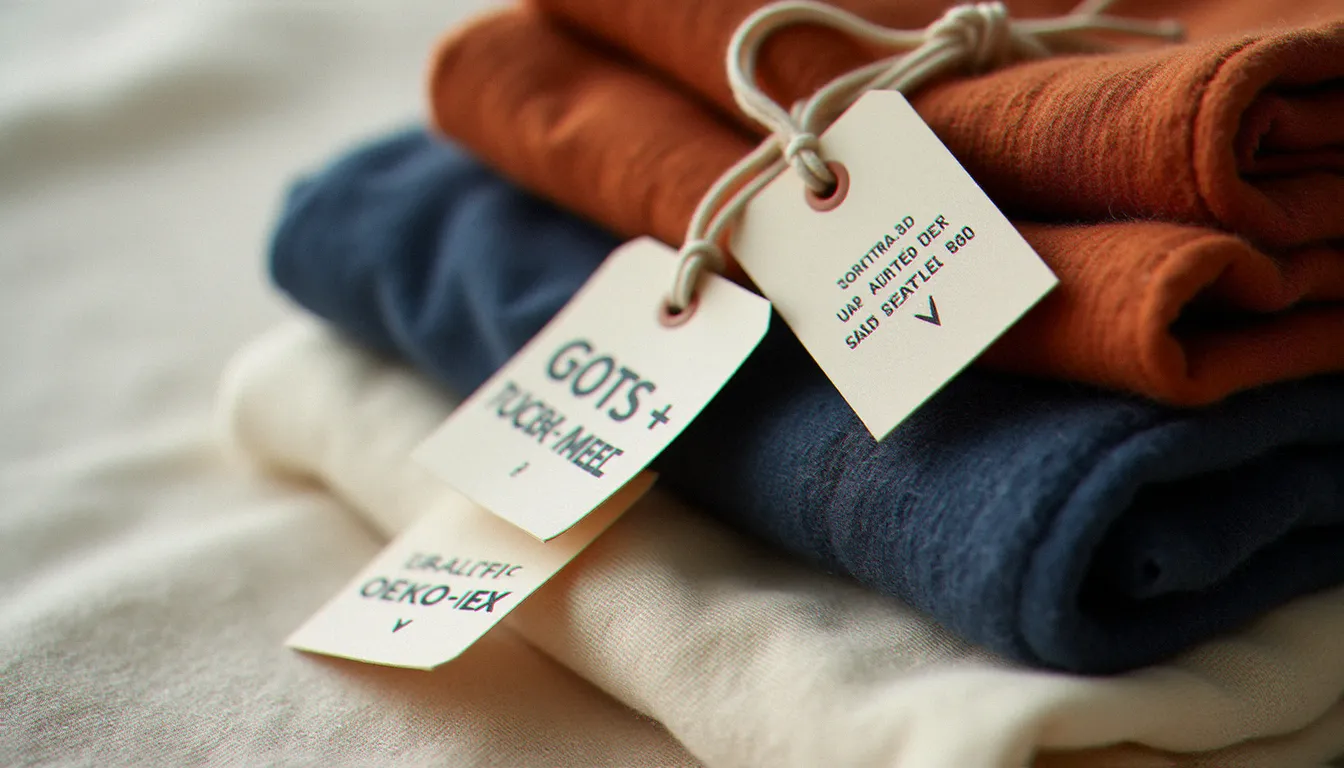 Étiquettes de certification GOTS et Fair Trade attachées à des vêtements en fibres naturelles, symboles d'une fashion mode éthique transparente et vérifiable