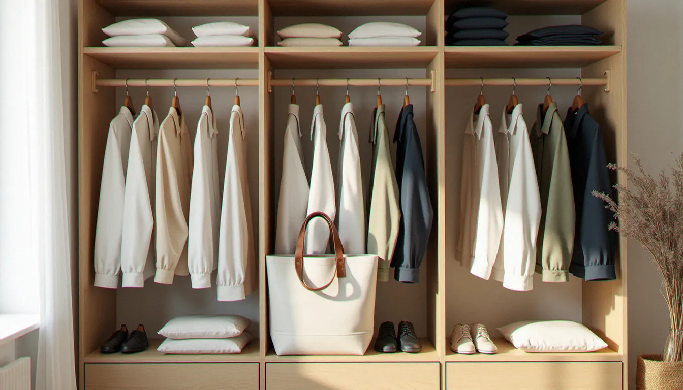 Dressing capsule minimaliste organisé sur des étagères en chêne avec une palette de couleurs neutres harmonieuses, incarnant la philosophie de la fashion mode slow et durable