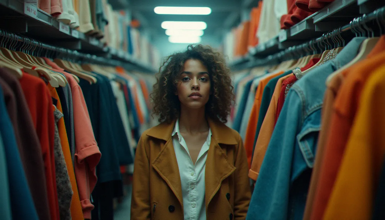 Une jeune femme dépassée par l'abondance de vêtements dans une boutique de fast fashion anglicisme aux rayons surchargés