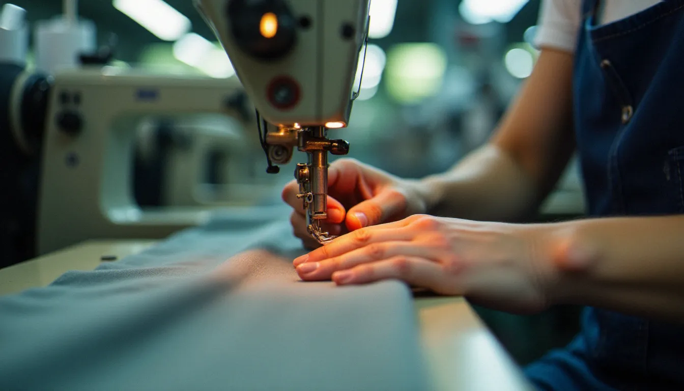 Mains d'une ouvrière textile cousant du tissu sur une machine industrielle dans une usine de confection, évoquant les conditions de production du fast fashion
