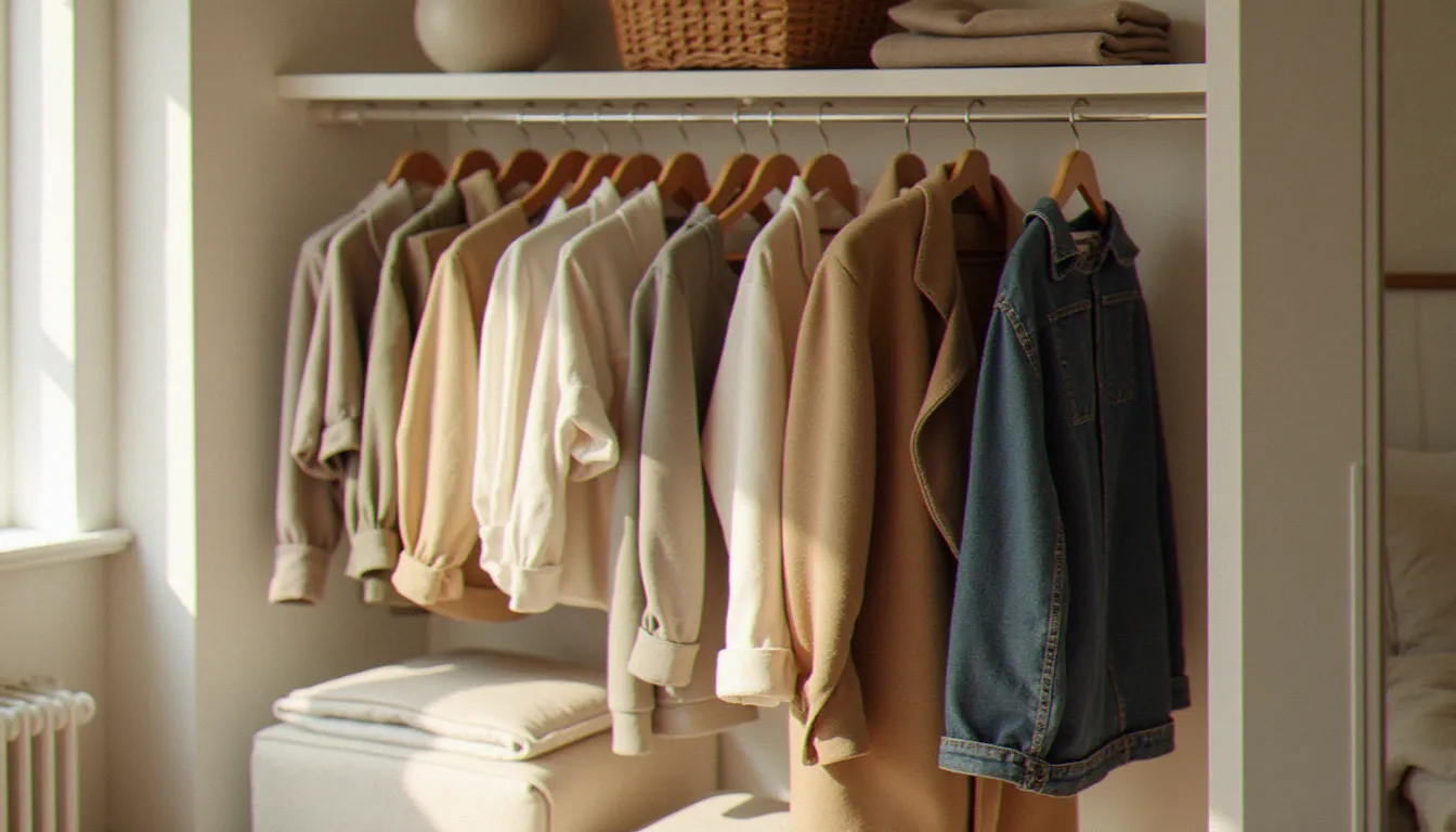 Dressing capsule minimaliste aux tons naturels dans un appartement lumineux, alternative organisée et durable face au modèle fast fashion