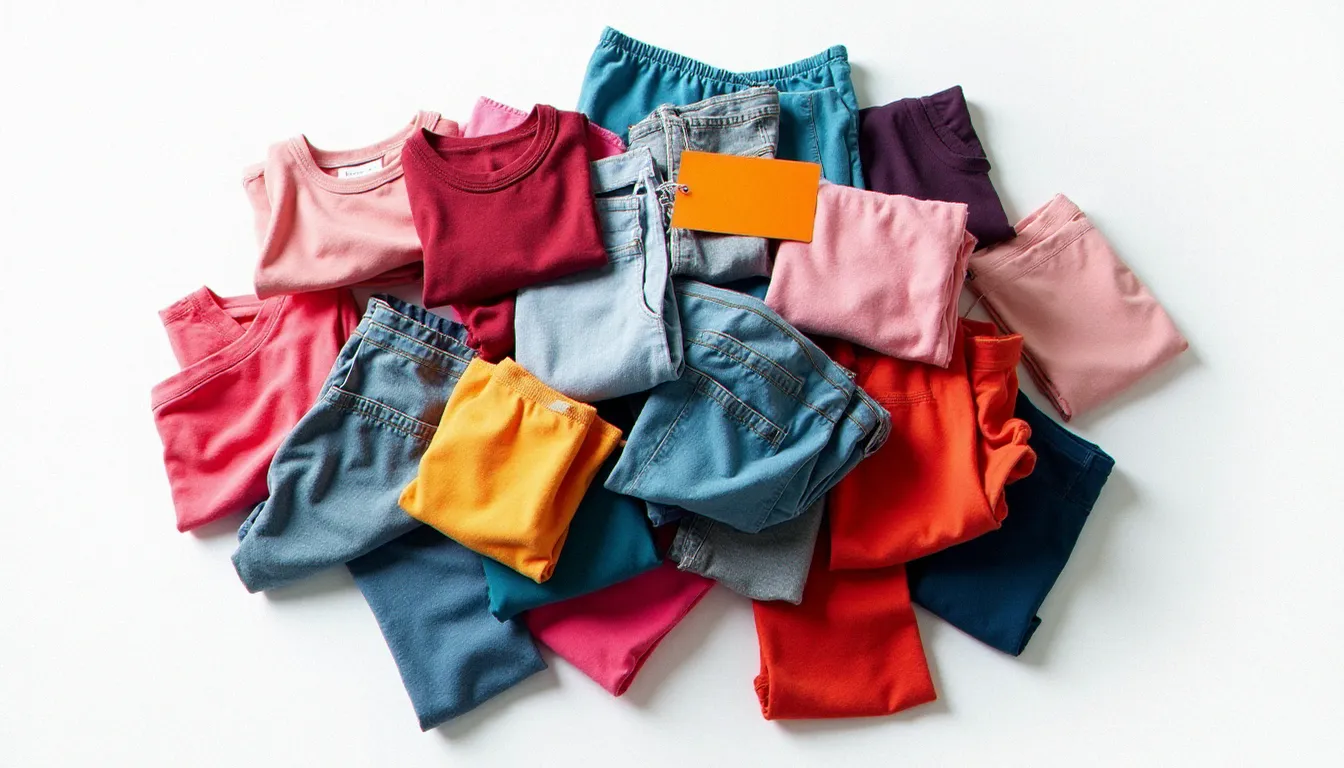 Tas de vêtements fast fashion colorés entassés et abandonnés, illustrant la surconsommation textile liée au fast fashion