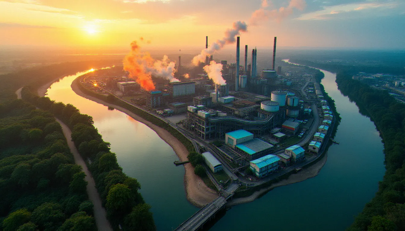 Vue aérienne d'une usine textile industrielle avec pollution chimique des eaux, illustrant l'impact environnemental de l'industrie du textile