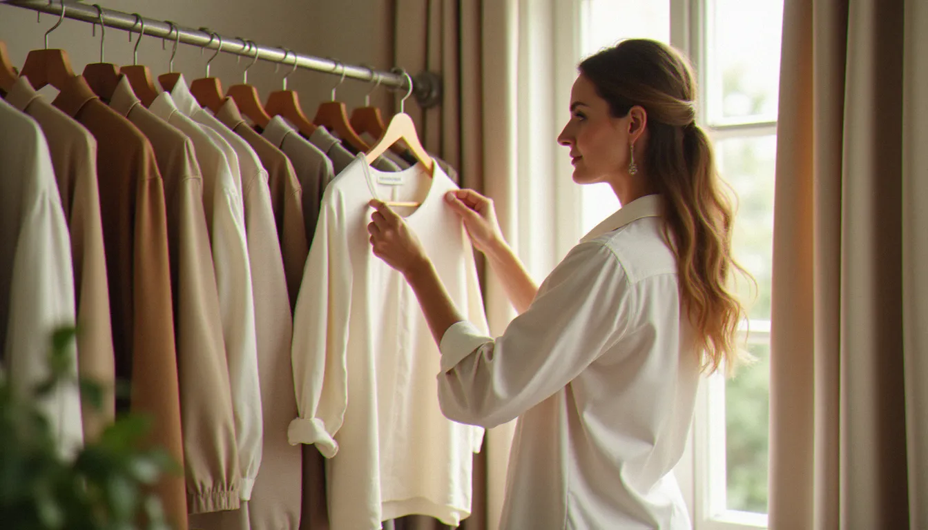 Femme examinant avec attention une chemise en lin naturel dans une garde-robe minimaliste et lumineuse, illustrant la transition consciente hors de la mode éphémère