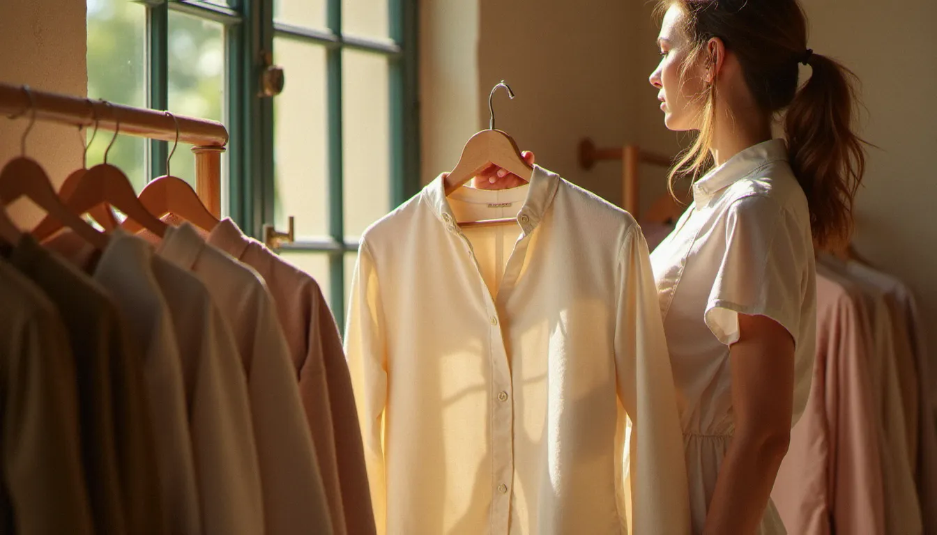 Une femme consultant un chemisier en lin dans une boutique slow fashion aux murs en pierre de Bordeaux, illustrant la mode éthique slow fashion dans un cadre authentique