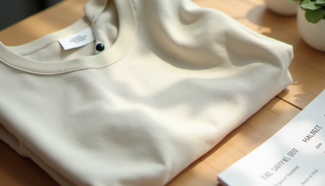Sélection de pièces basiques en matières naturelles certifiées pour une garde-robe mode express durable, posées sur une table en bois