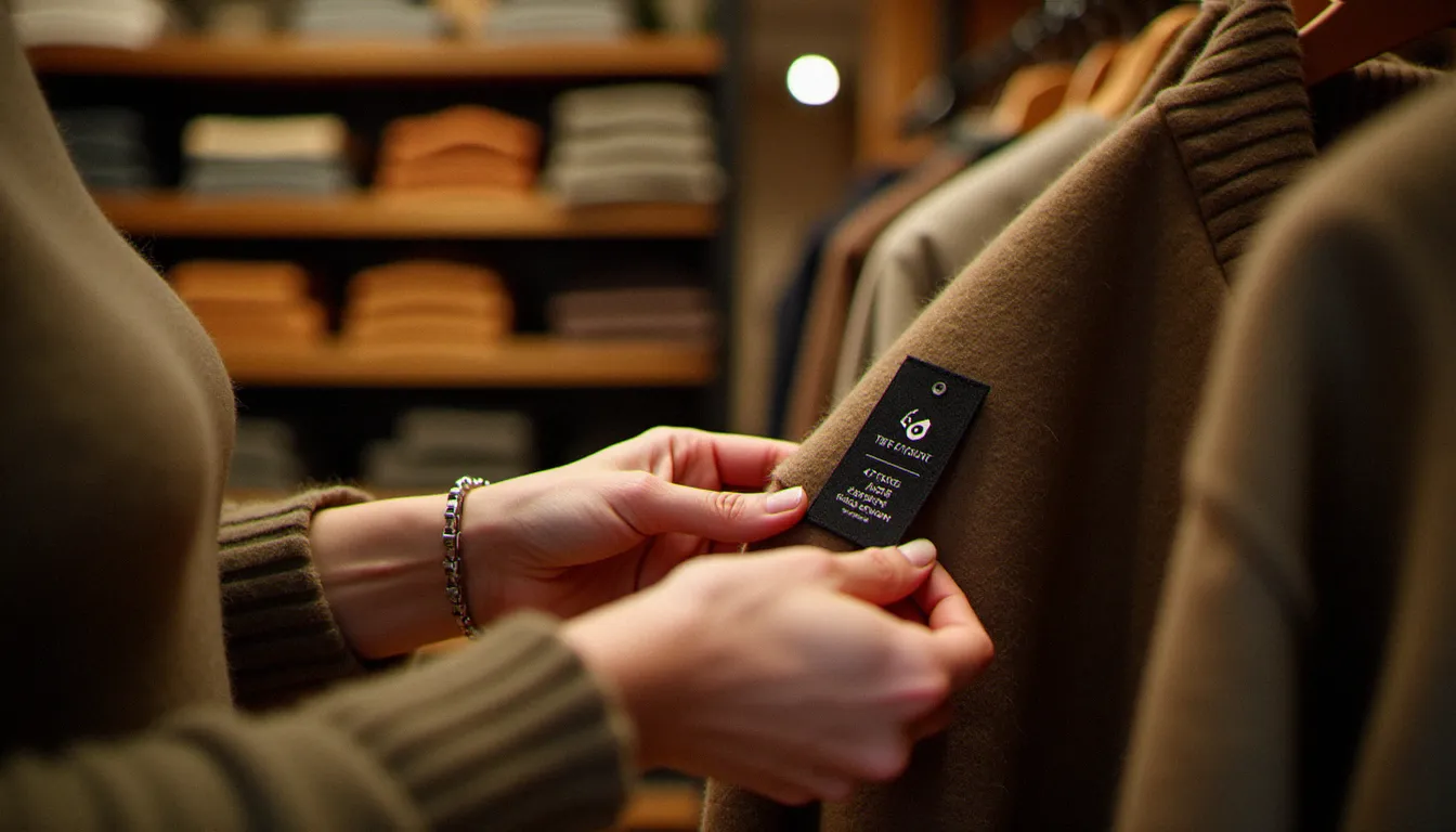 Gros plan sur l'étiquette de composition d'un pull en laine responsable dans une boutique mode express éthique, symbole d'une consommation textile éclairée