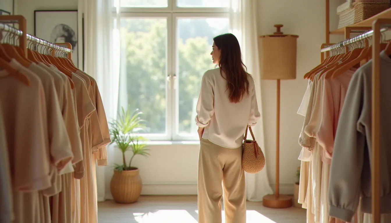 Une femme en mode express durable portant un ensemble lin et coton bio dans une boutique éthique bordelaise lumineuse