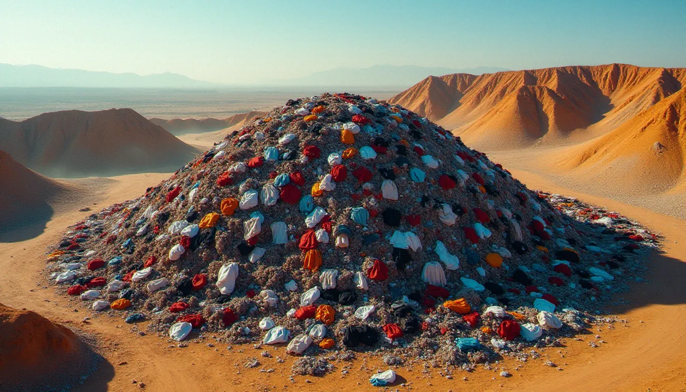 Vue aérienne d'une décharge textile géante remplie de vêtements ultra-fast fashion colorés abandonnés dans un paysage aride
