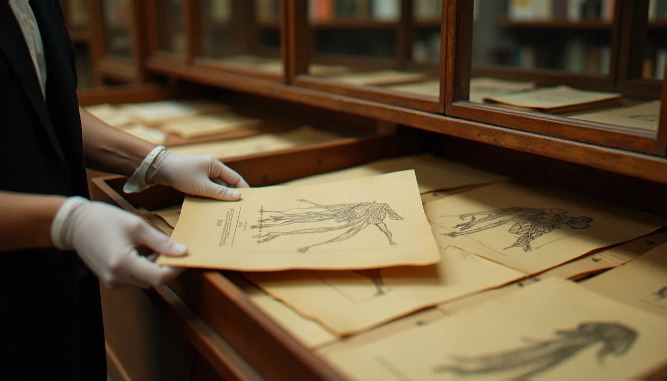 Archives mode vintage avec des croquis de couture des années 1940-1950 conservés sous éclairage muséal, rappelant l'histoire fondatrice de la maison Christian Dior