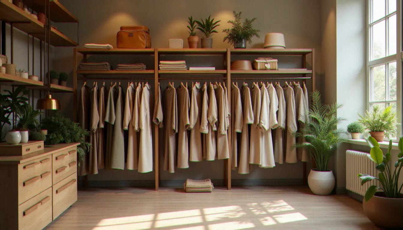 Boutique de mode durable avec des vêtements de seconde main soigneusement sélectionnés sur des étagères en bois recyclé, illustrant une alternative responsable à la consommation de luxe neuf