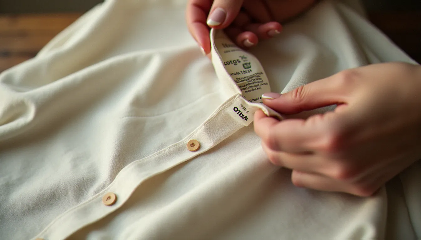 Mains d'une consommatrice inspectant attentivement les certifications éthiques cousues dans un vêtement, geste promu par la clean clothes campaign