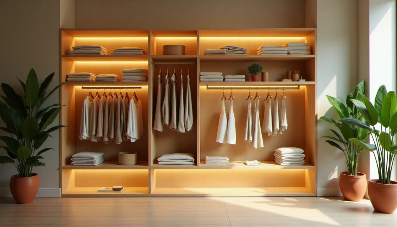 Intérieur d'une boutique de mode durable avec vêtements certifiés éthiques présentés sur des étagères en bois, reflétant les exigences portées par la clean clothes campaign