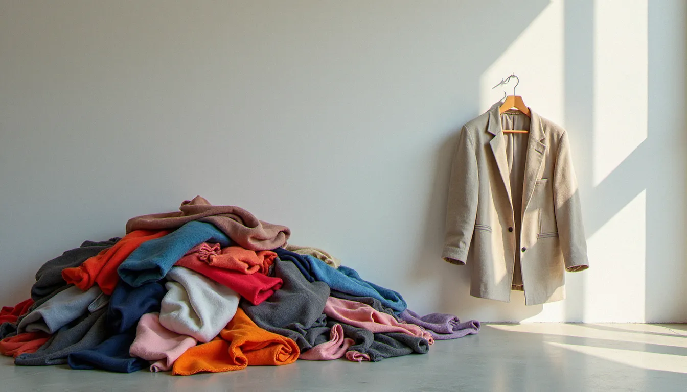 Contraste entre un tas de vêtements fast fashion jetables et une veste en lin slow fashion de qualité, symbolisant l'impact des habitudes d'achat du consommateur sur l'environnement