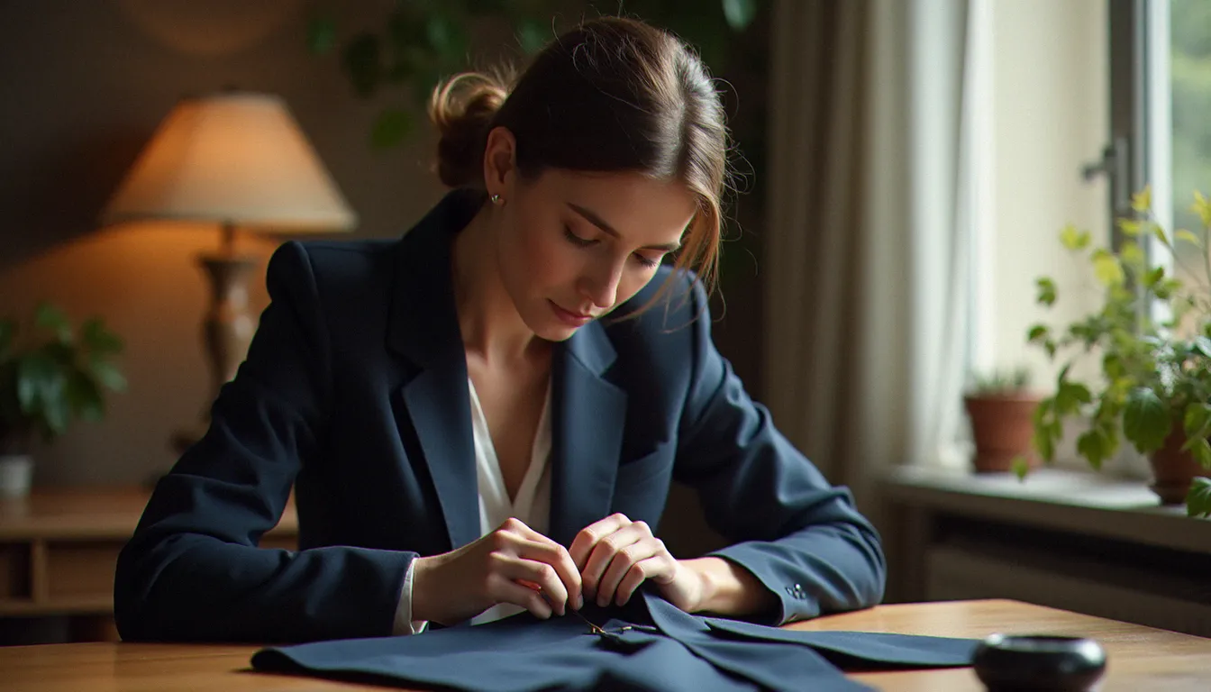 Une femme réparant soigneusement une veste en tissu naturel chez elle, illustrant le geste d'entretien comme composante clé d'un comportement du consommateur responsable en mode durable