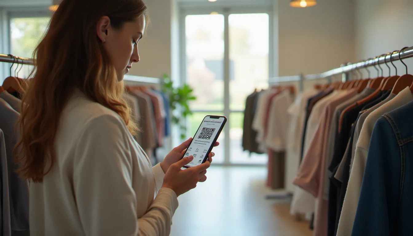 Consommatrice scannant un QR code de digital object identifier sur une étiquette vêtement dans une boutique slow fashion éclairée à la lumière naturelle