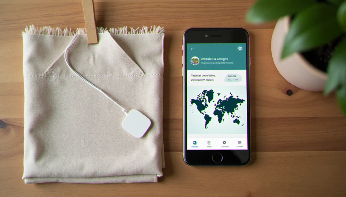 Passeport Numérique Produit textile illustrant le digital object identifier appliqué à un tissu en lin biologique avec tag NFC et interface de traçabilité sur smartphone