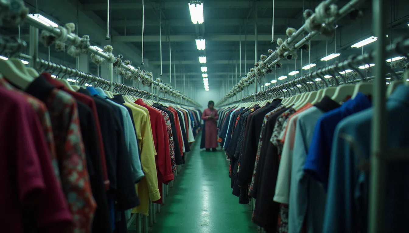 Ouvrières dans une usine textile du Bangladesh cousant des vêtements sous éclairage artificiel, illustrant les conditions de travail dans l'industrie fast fashion dénoncées après le Rana Plaza