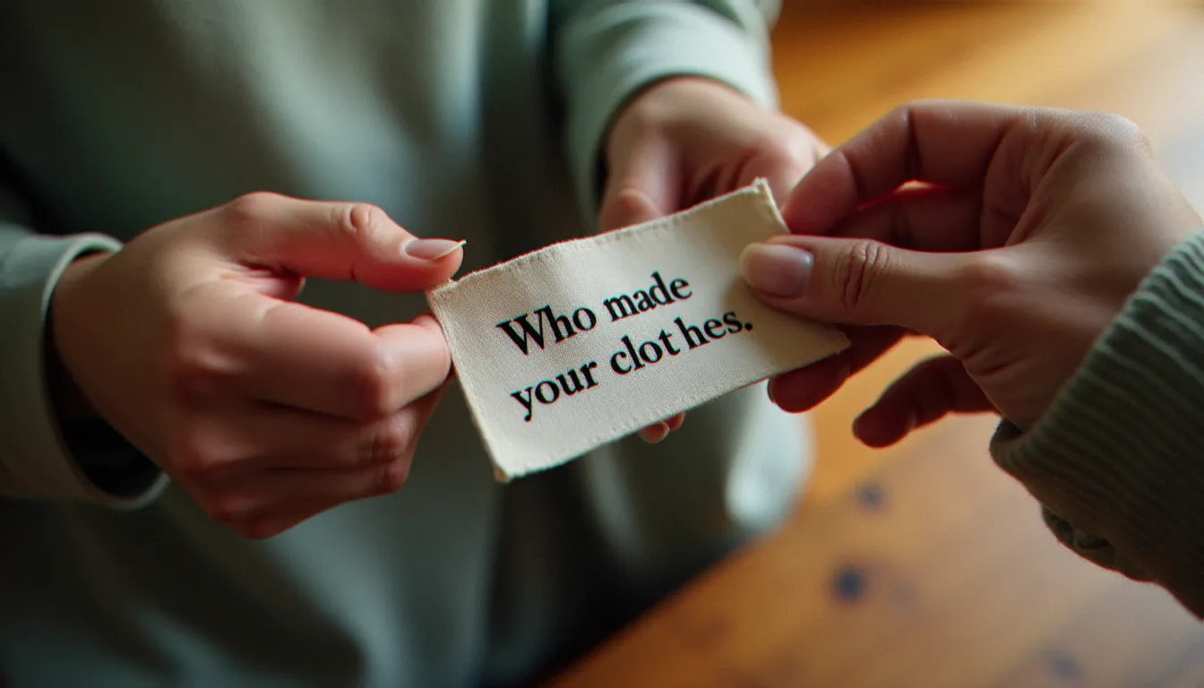 Mains féminines tenant une étiquette de vêtement avec la question qui a fait mes vêtements, symbole du mouvement Fashion Revolution né après l'effondrement du Rana Plaza