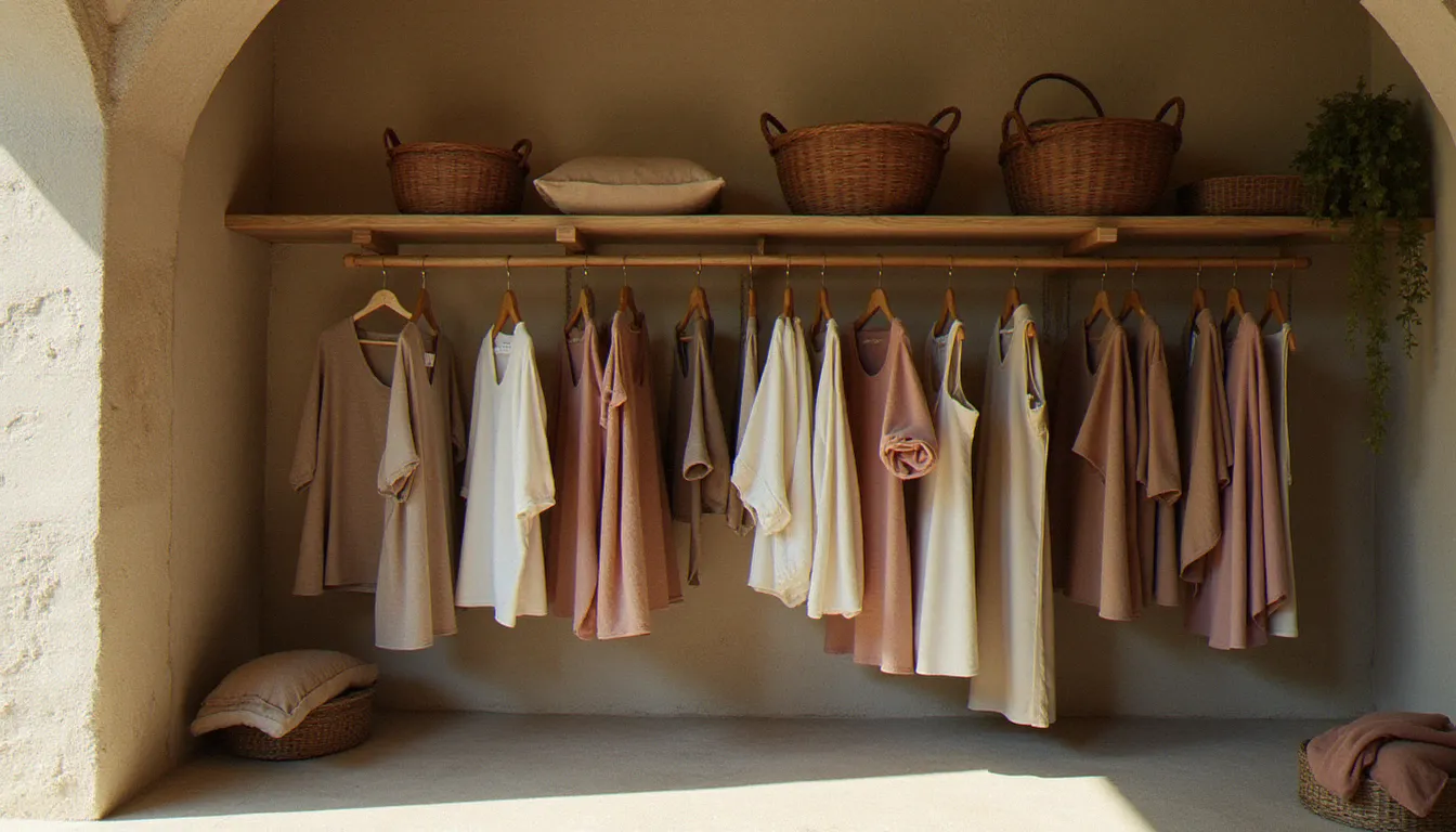Intérieur d'une boutique slow fashion française avec des vêtements en fibres naturelles certifiées, alternative concrète à l'éphémère mode