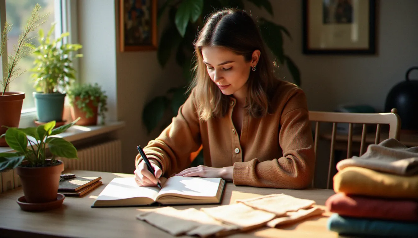 Une femme rédigeant des notes dans un carnet à son bureau entouré de tissus naturels et de pièces de mode éthique, symbolisant la réflexion sur le vocabulaire face aux fashion anglicismes imposés par l'industrie