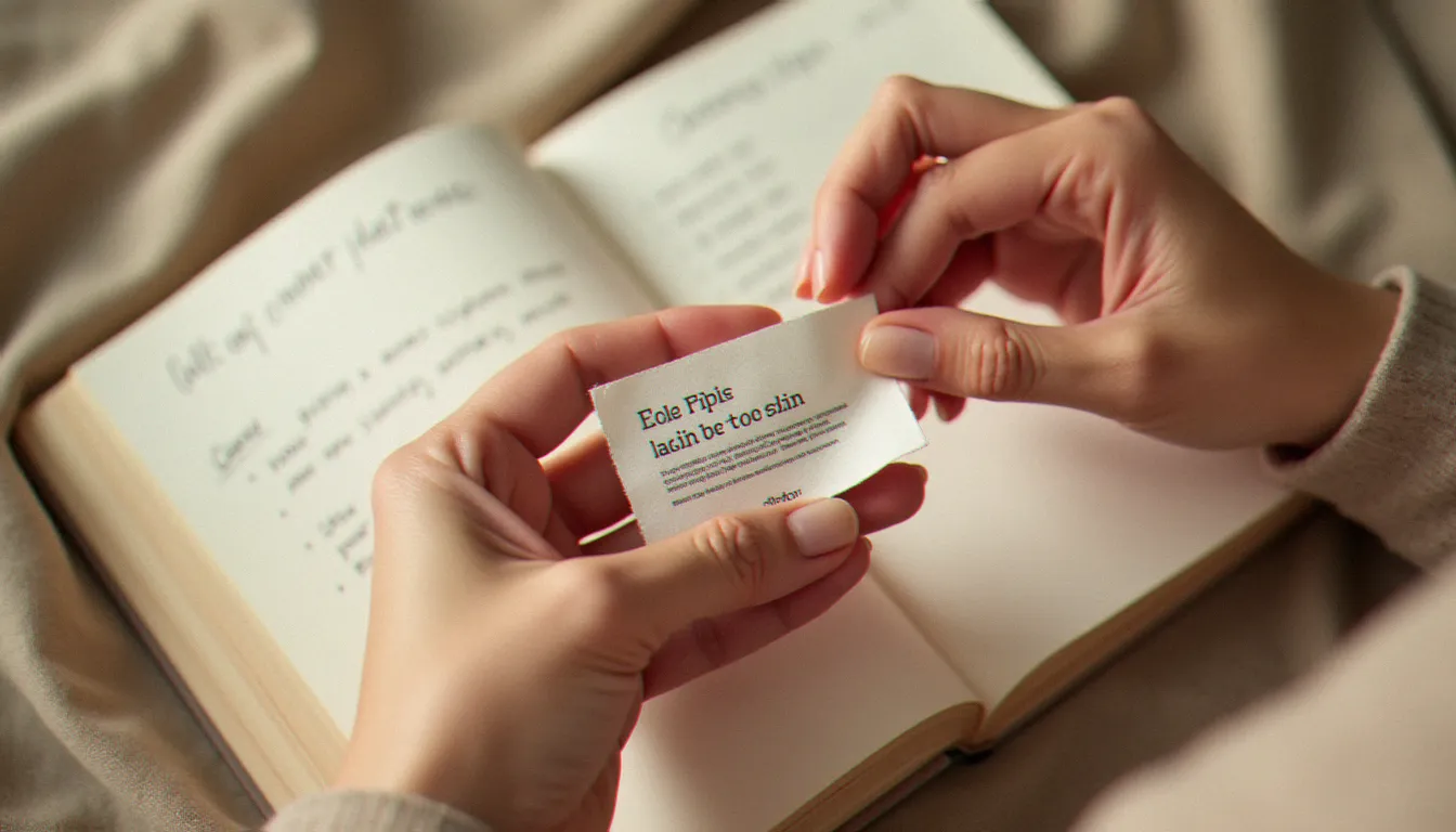 Gros plan sur une étiquette de vêtement slow fashion tenue entre deux mains avec des notes terminologiques sur un carnet, illustrant la vérification des termes textiles avec le grand dictionnaire terminologique