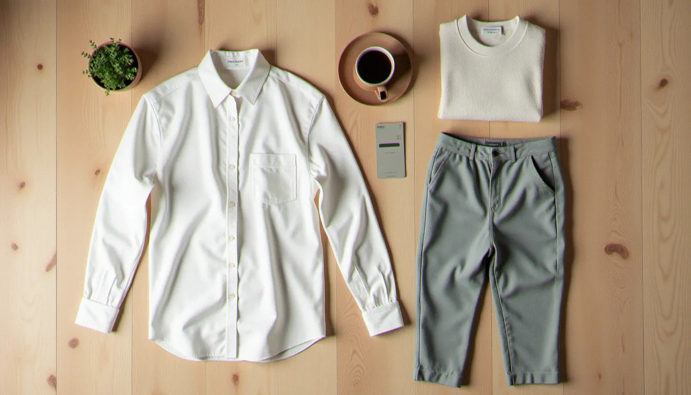 Vue aérienne d'une garde-robe capsule minimaliste composée de vêtements slow fashion en fibres naturelles certifiées, illustrant l'achat responsable guidé par une terminologie textile maîtrisée