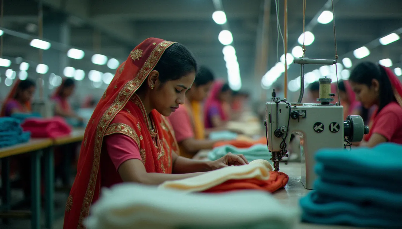 Atelier de confection textile en Asie avec des ouvrières aux machines à coudre industrielles, illustrant les conditions de production dans les chaînes d'approvisionnement du fast fashion mondial