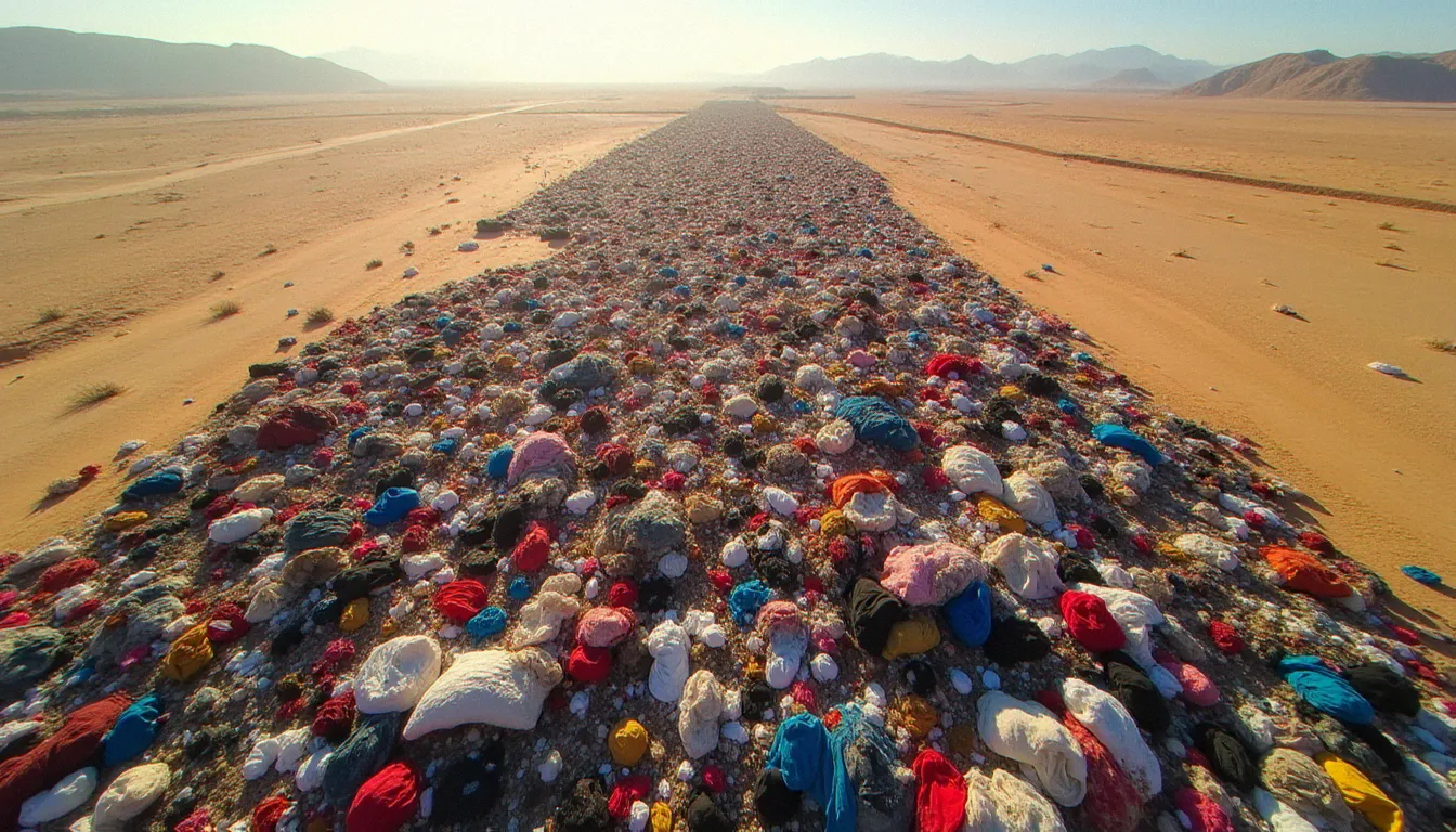Vue aérienne d'une décharge à ciel ouvert dans un désert aride entièrement recouvert de vêtements jetés aux couleurs passées, symbole du gaspillage massif généré par l'industrie du fast fashion dont fait partie Hennes & Mauritz