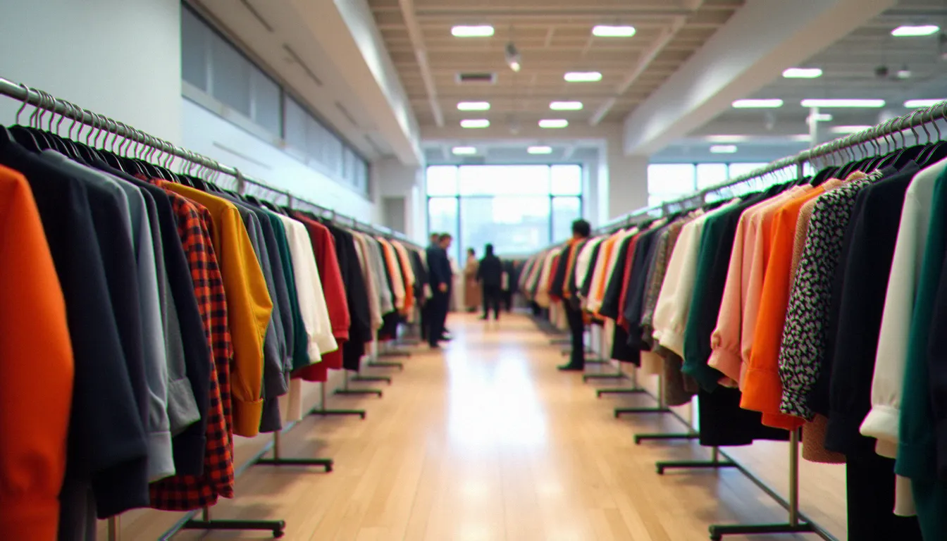 Intérieur spacieux d'un magasin de mode rapide avec de longs portants remplis de vêtements colorés, illustrant l'environnement commercial caractéristique d'une enseigne comme Hennes & Mauritz